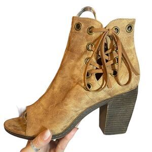 93 Vintage Womens Open Toe Ankle Boots Lace Up Tan Side Zip Vegan 9.5